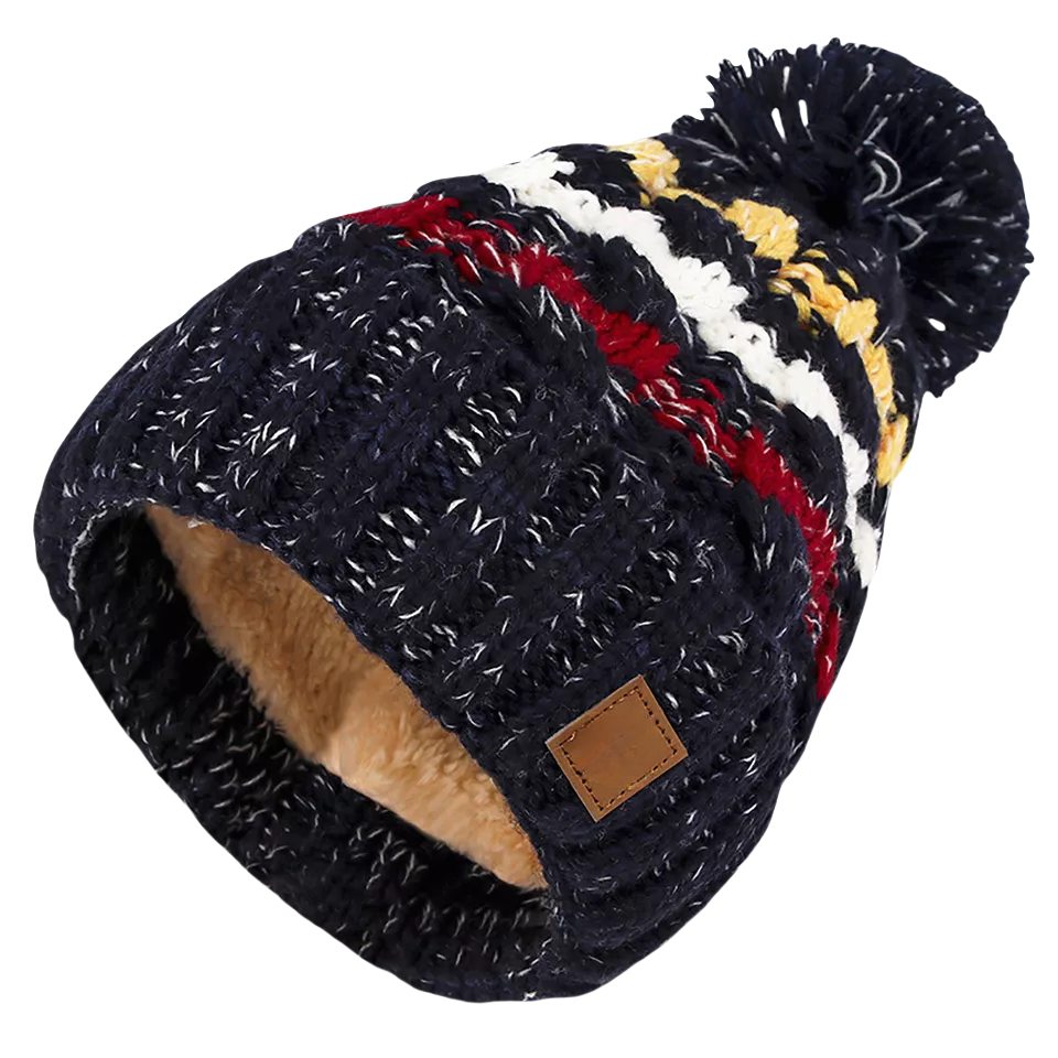 Striped Cable Knit Pom Pom Beanie with Faux Fur Lining