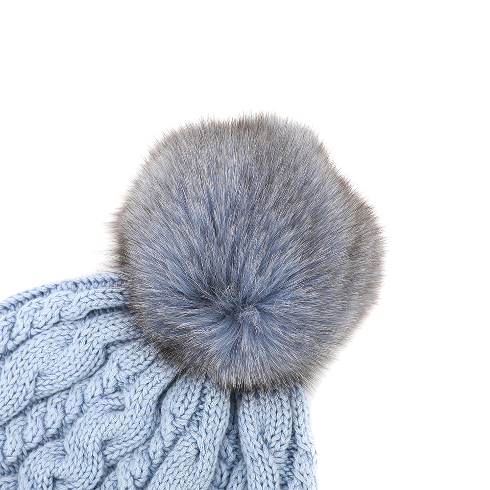 Ice Blue Cable Knit Cuffed Beanie with Gray Faux Fur Pom Pom