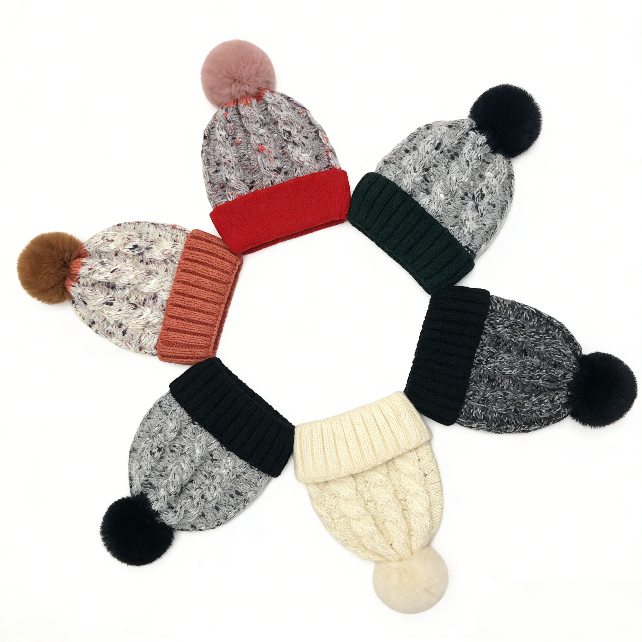Winter Cable Knit Pom Pom Beanie Hat with Cuffed Design