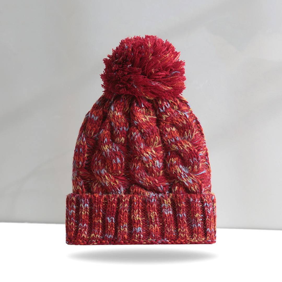 Multicolor Cable Knit Pom Pom Winter Beanie Hat
