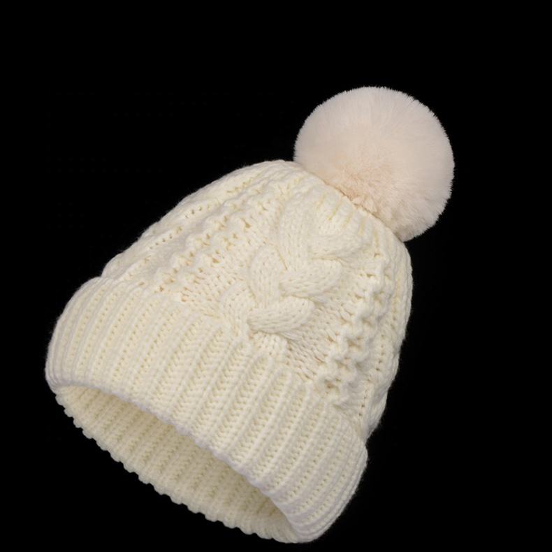 Cable Knit Cuffed Winter Beanie with Faux Fur Pom Pom