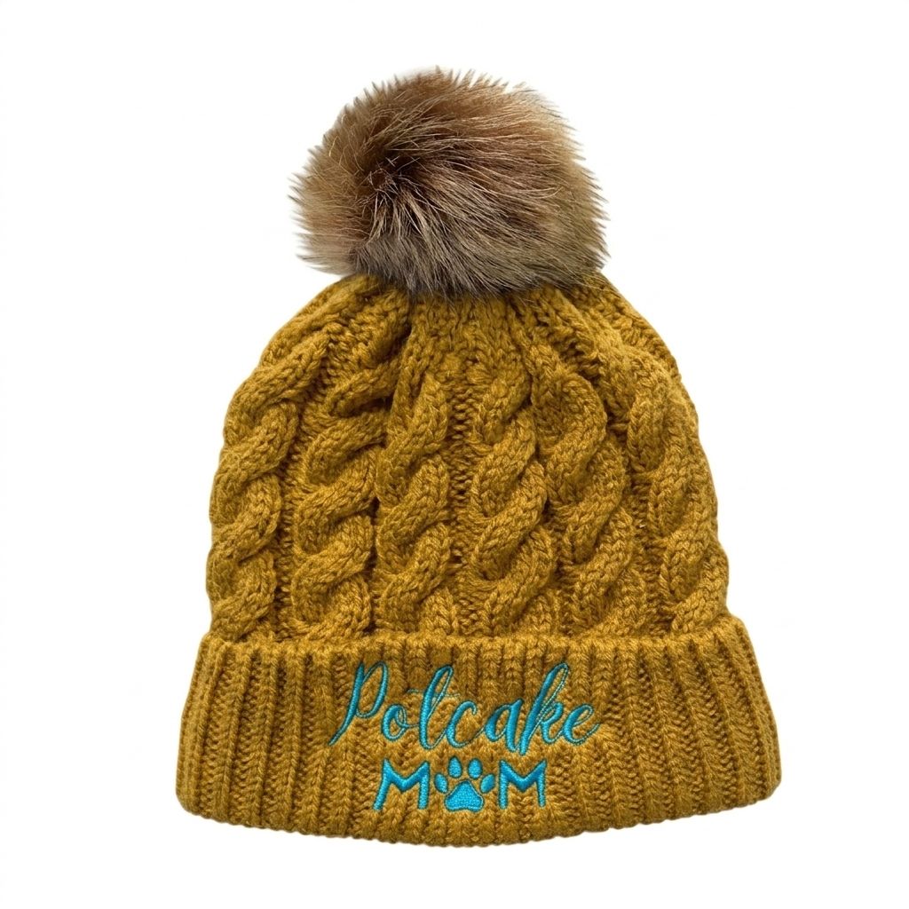 Cable Knit Beanie Hat with Faux Fur Pom Pom, Cuffed Winter Hat with Embroidered Logo