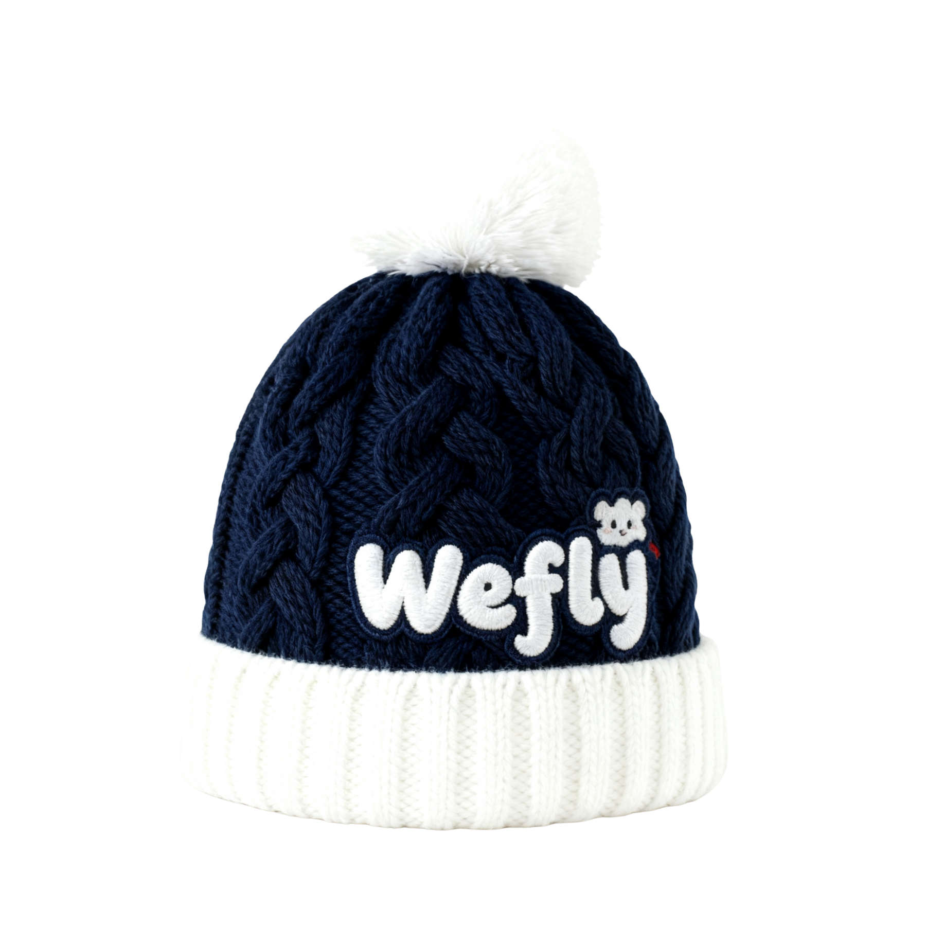 Winter Cable Knit Pom Pom Beanie with Embroidered Logo Warm Cuffed Hat