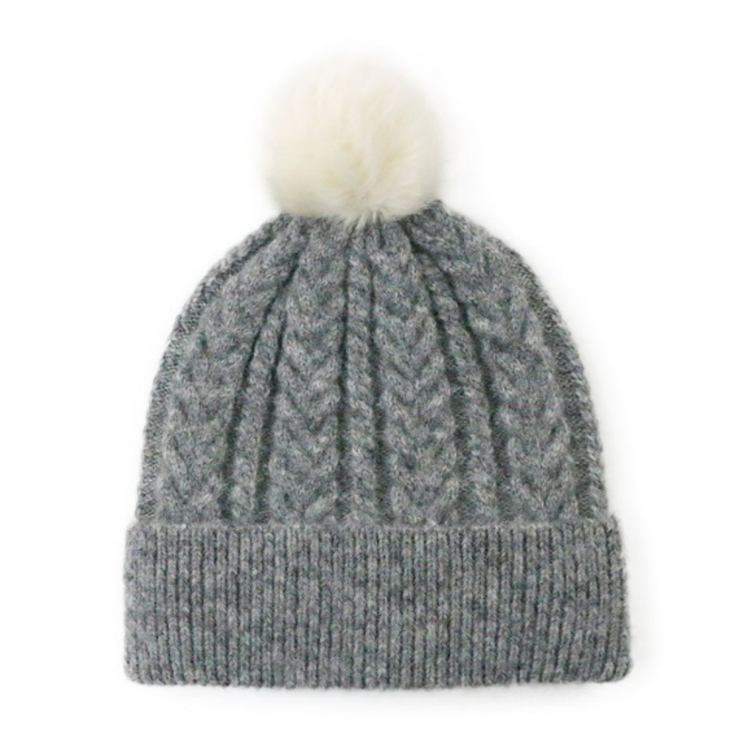 Women's Chunky Cable Knit Beanie Hat with Faux Fur Pom Pom