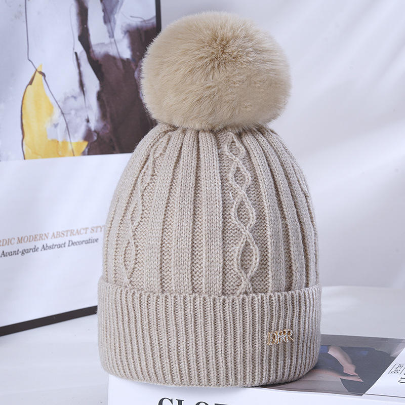 Women's Winter Ribbed Knit Beanie with Faux Fur Pom Pom