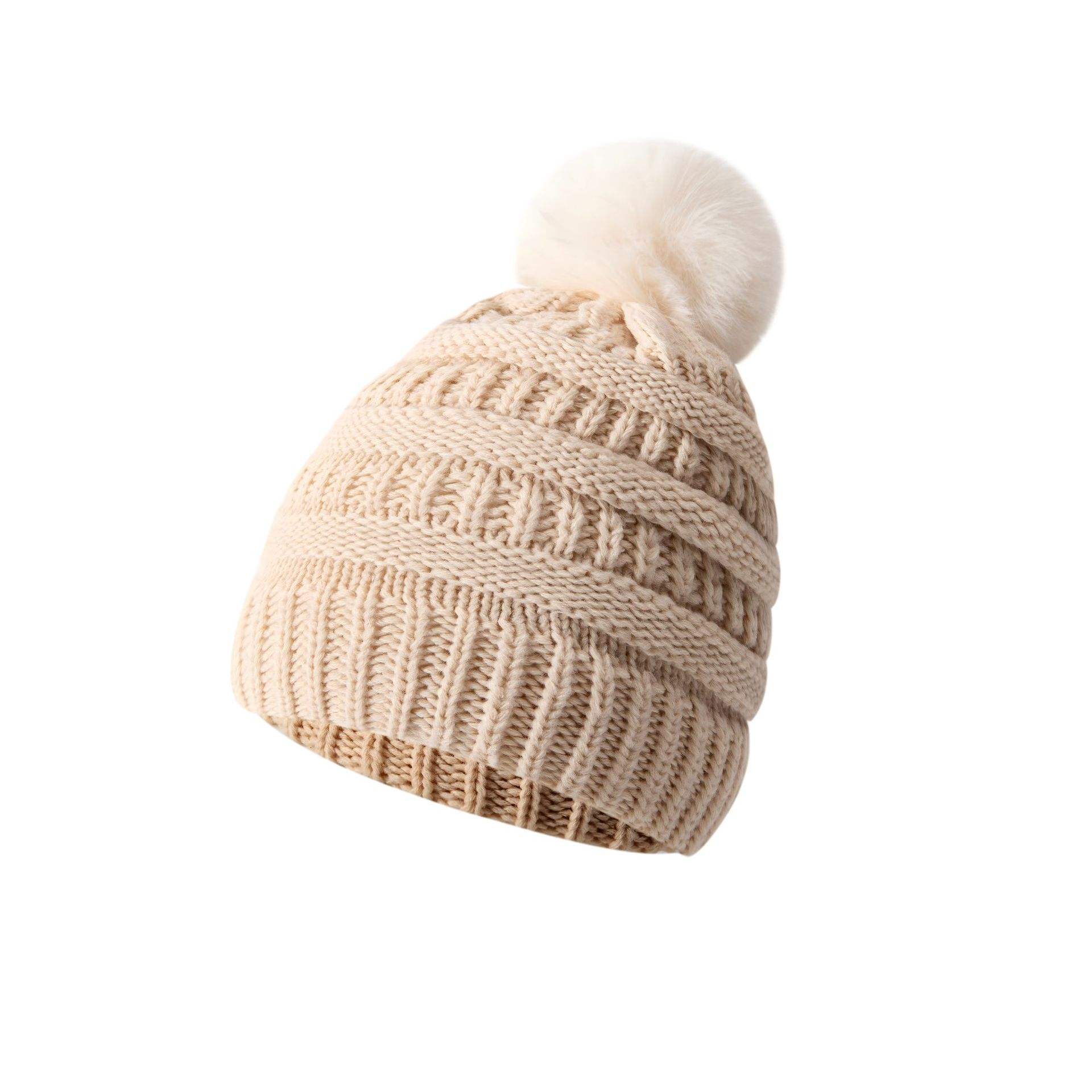 Women's Winter Cable Knit Beanie Hat with Faux Fur Pom Pom, Soft Warm Cuffed Ski Cap