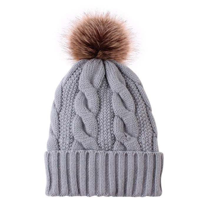 Faux Fur Pom-Pom Cable Knit Cuffed Winter Beanie Hat