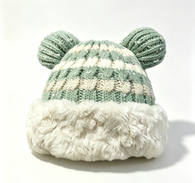 Women's Winter Knitted Beanie Hat with Bear Ear Design and Faux Fur Cuff