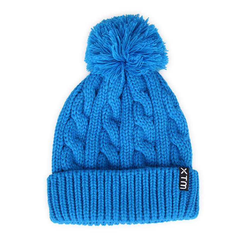 Thick Cable Knit Cuffed Beanie with Faux Fur Pom Pom for Winter