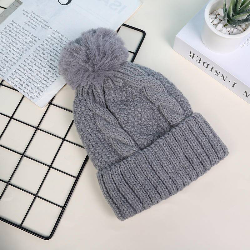 Thick Cable Knit Cuffed Faux Fur Pom Pom Beanie Hat