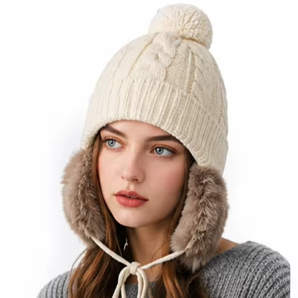 Winter Cable Knit Beanie Hat with Faux Fur Side Pom Poms and Cuffed Design