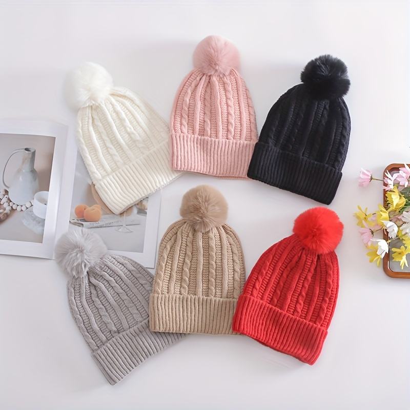 Winter Warm Knit Beanie Hat with Faux Fur Pom Pom 
