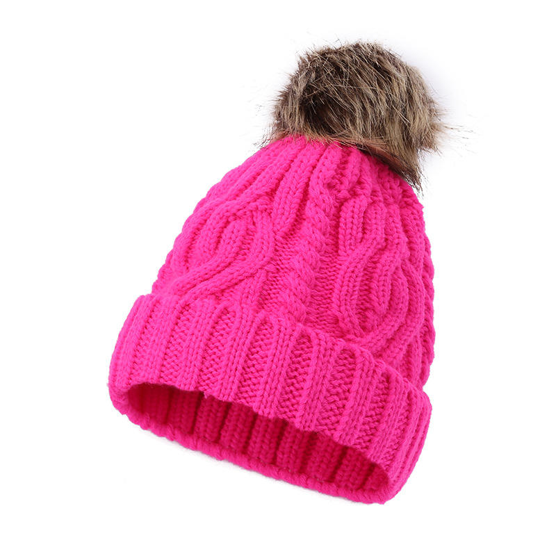 Cable Knit Cuffed Faux Fur Pom Pom Winter Beanie Hat