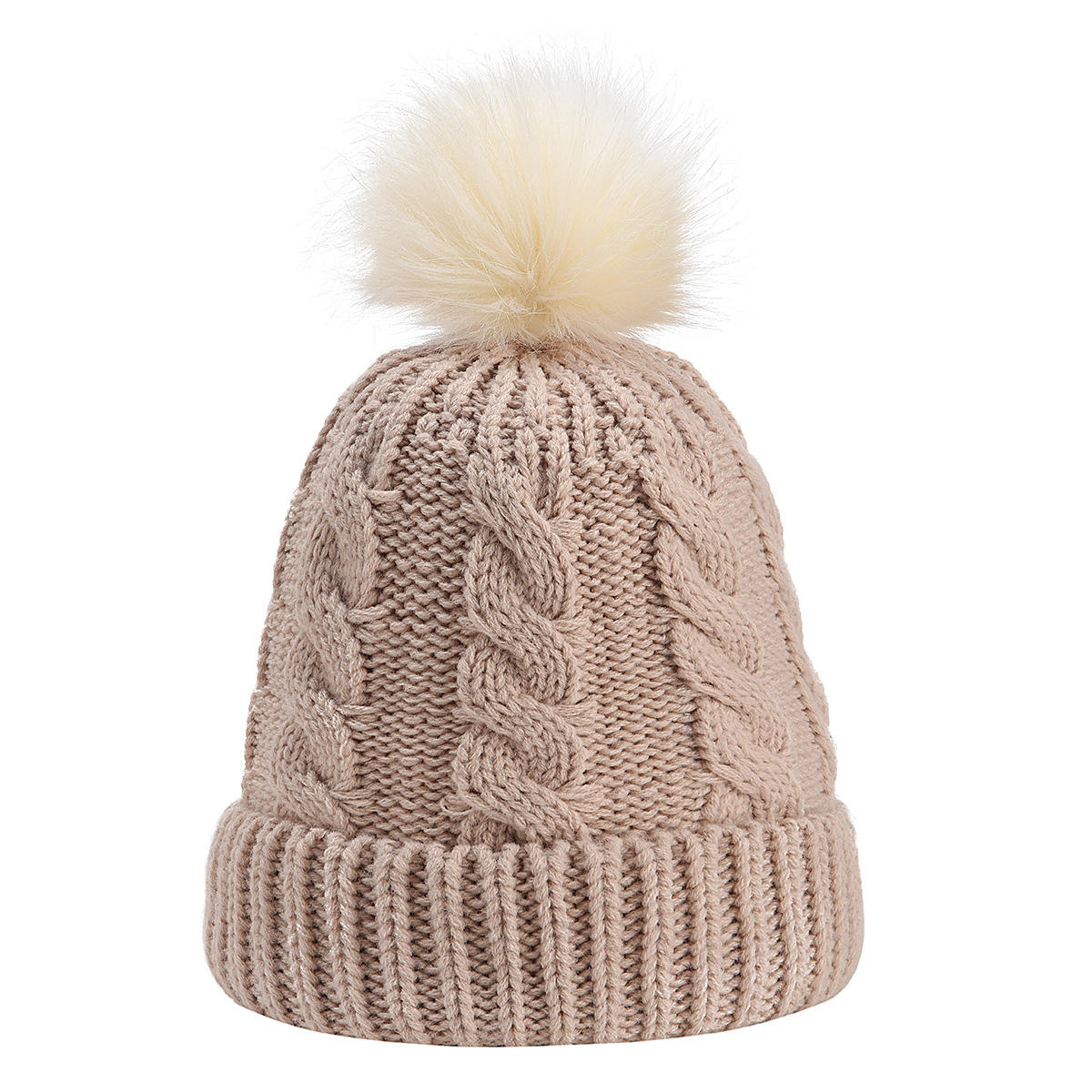 Women's Winter Cable Knit Beanie Hat with Faux Fur Pom Pom, Warm Soft Cuffed Knitted Cap