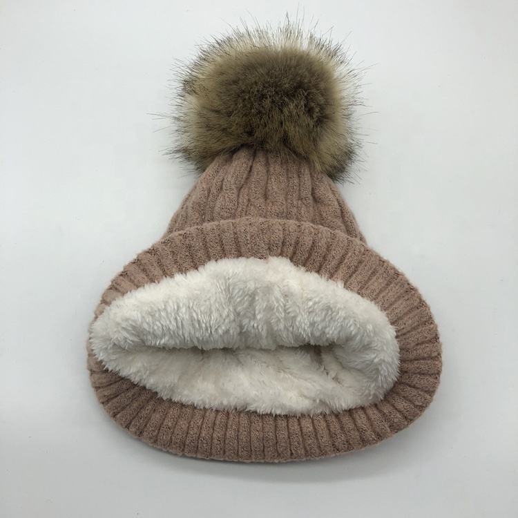 Winter Cable Knit Beanie with Faux Fur Pom — Burgundy