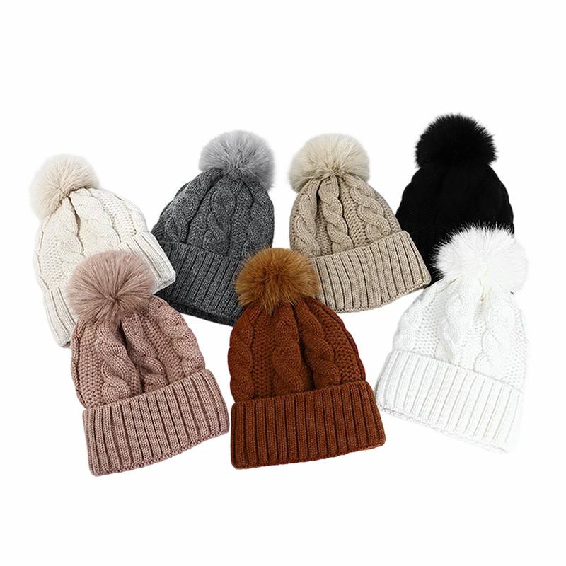 Women's Winter Cable Knit Beanie Hat with Faux Fur Pom Pom Warm Soft Cuffed Cap