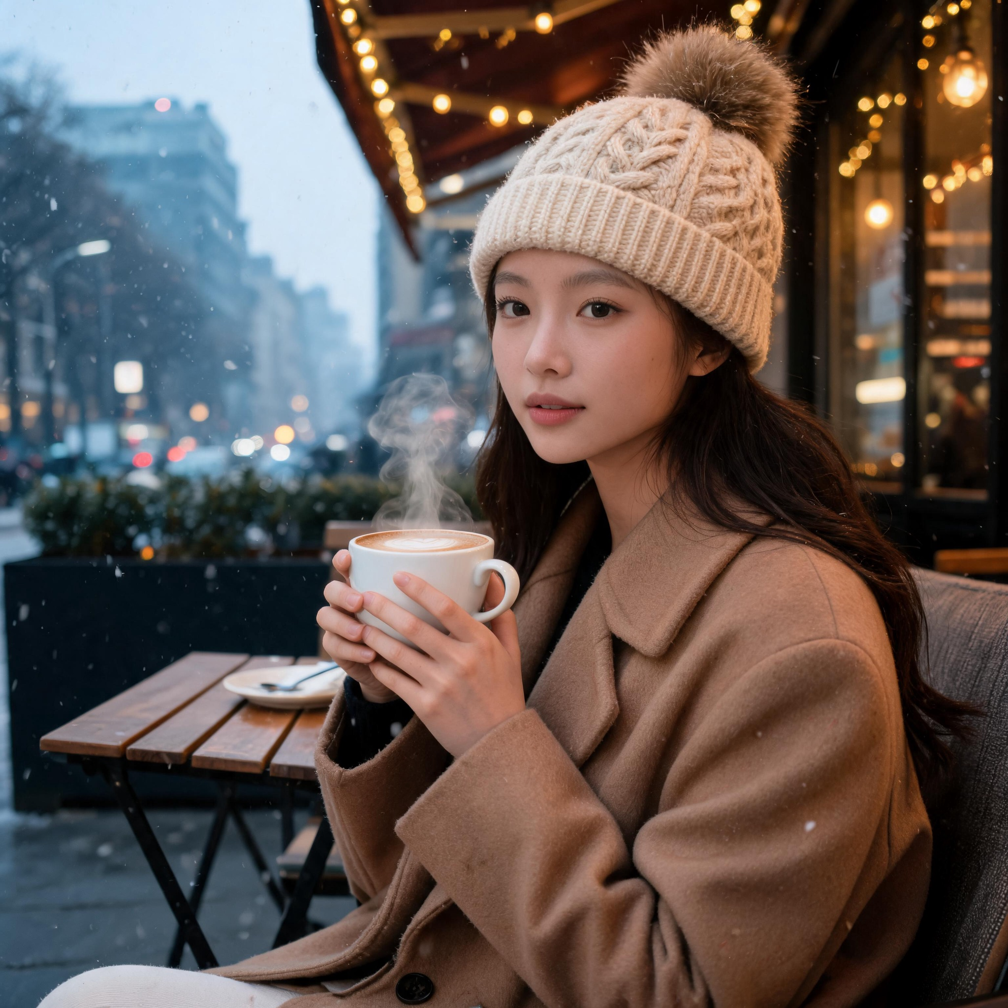 Warm Cable Knit Beanie Hat with Faux Fur Pom Pom Cuffed Winter Cap