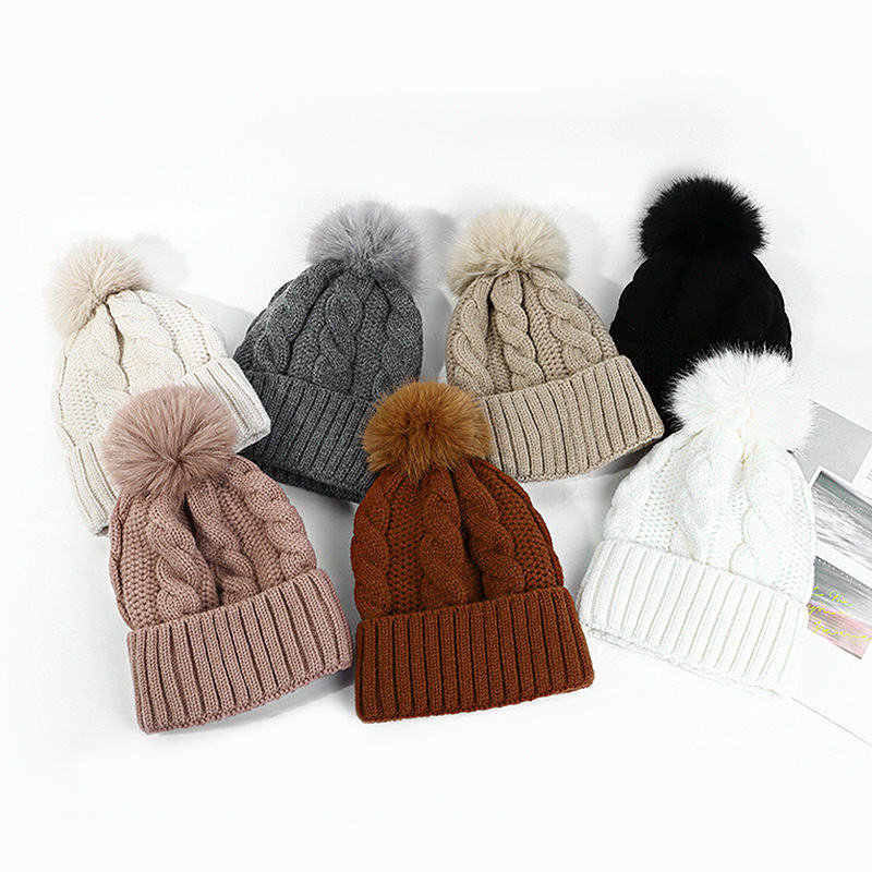 Cable Knit Faux Fur Pom Pom Cuffed Winter Beanie Hat – Multi-Color
