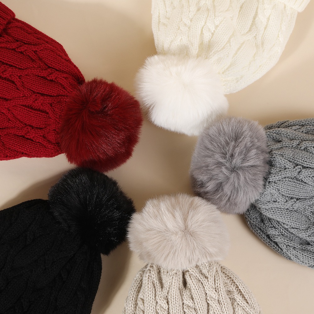 Cable Knit Winter Beanie Hat with Faux Fur Pom Pom