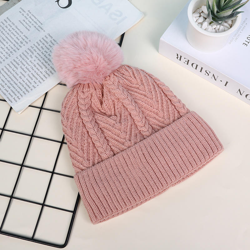 Winter Cable Knit Faux Fur Pom Pom Beanie Hat for Women