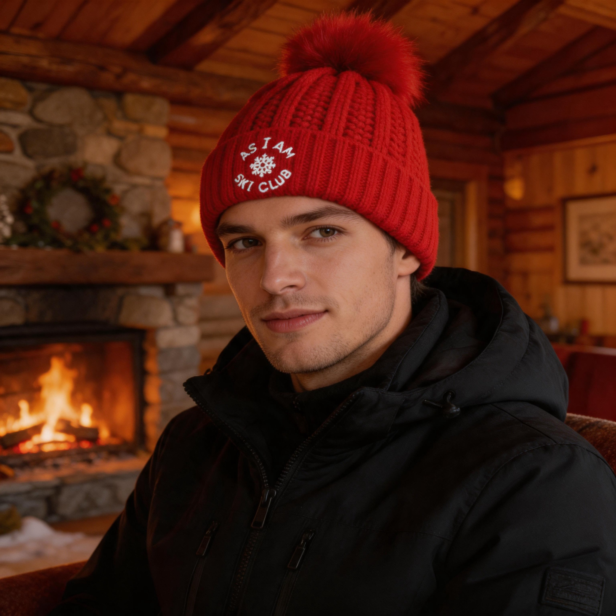 Winter Cable Knit Cuffed Beanie with Faux Fur Pom Pom and Embroidered Ski Club Snowflake Logo – Unisex Warm Ribbed Hat
