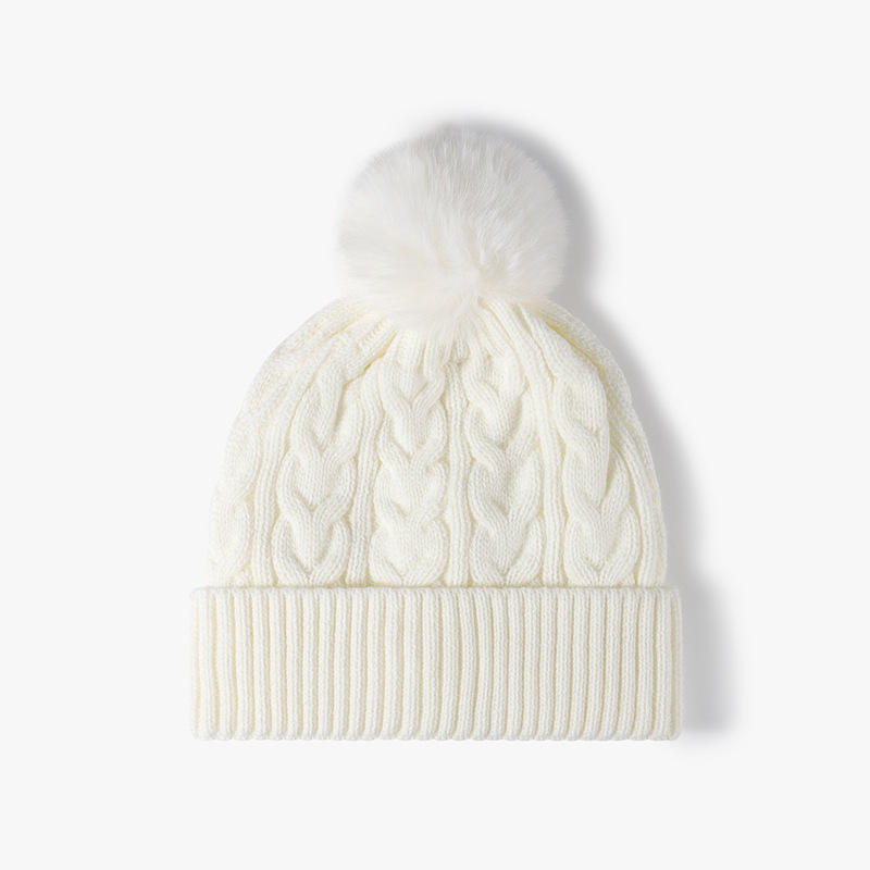 Cable Knit Cuffed Beanie Hat with Faux Fur Pom Pom