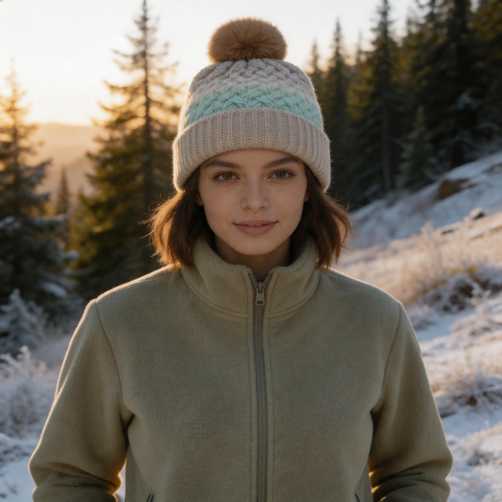 Pastel Gradient Cable Knit Pom Pom Cuffed Beanie
