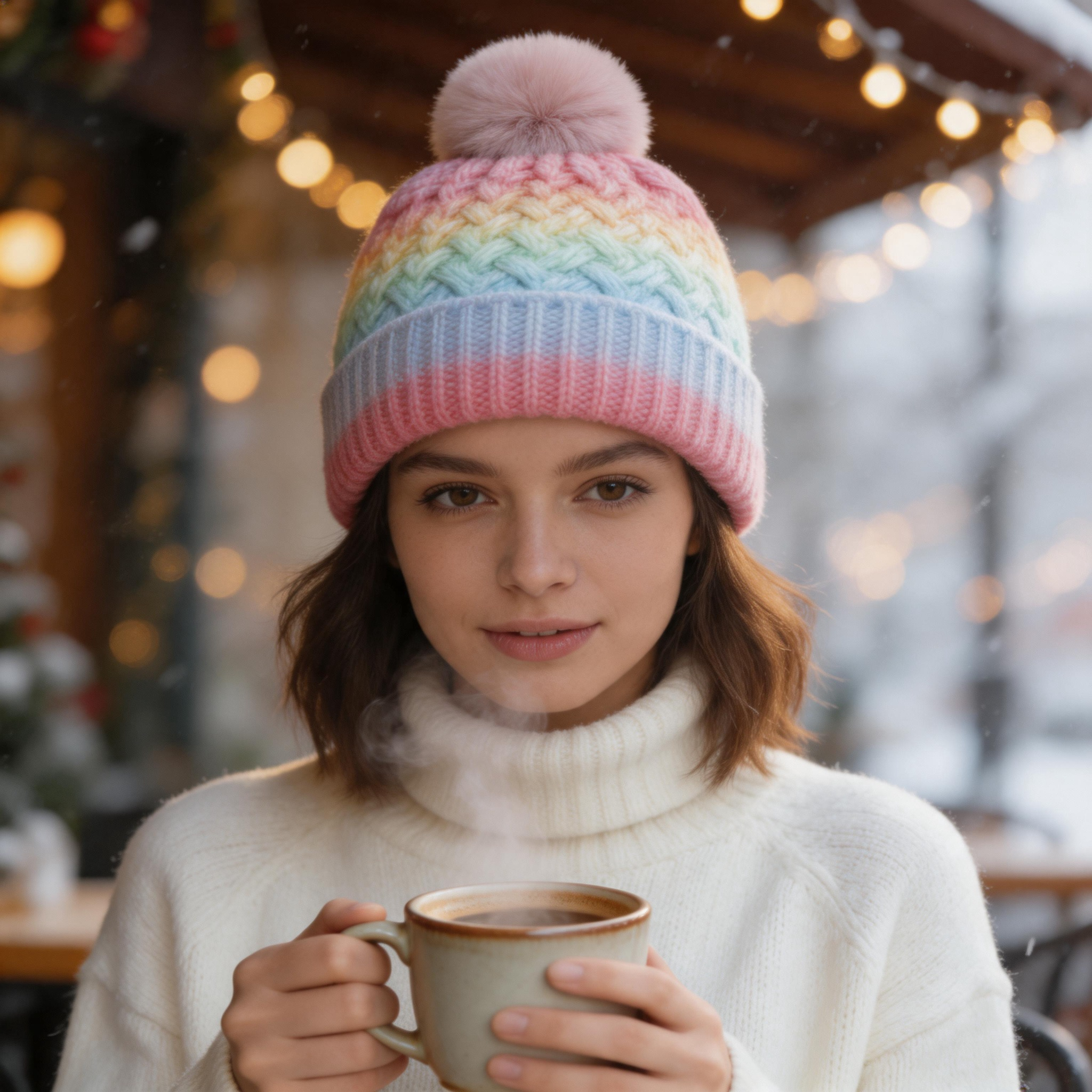 Pastel Gradient Cable Knit Pom Pom Cuffed Beanie