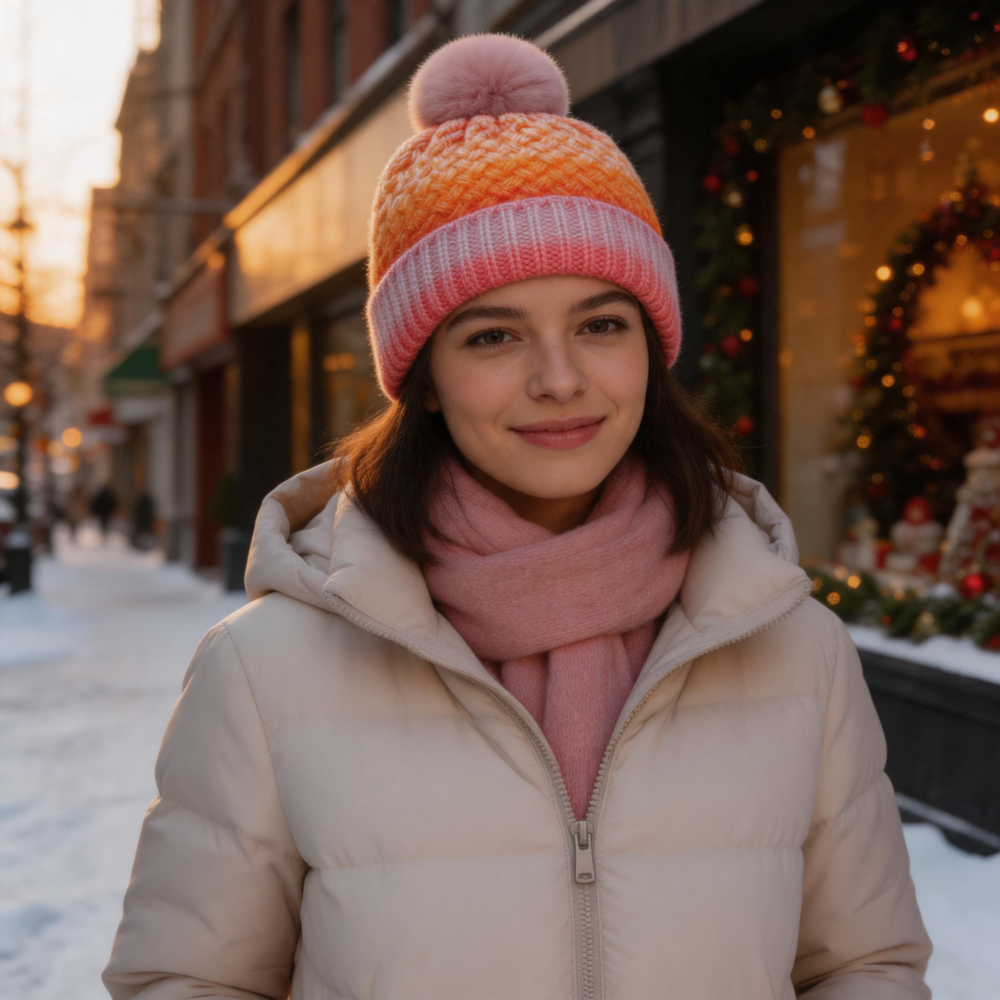 Pastel Gradient Cable Knit Pom Pom Cuffed Beanie