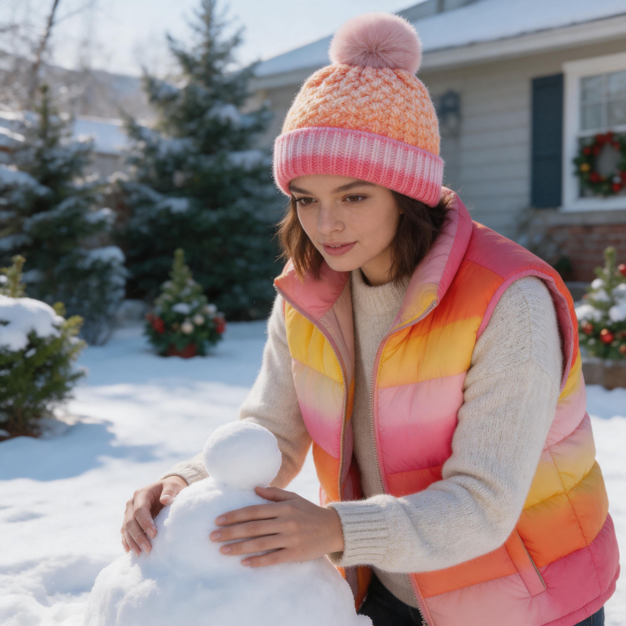 Pastel Gradient Cable Knit Pom Pom Cuffed Beanie