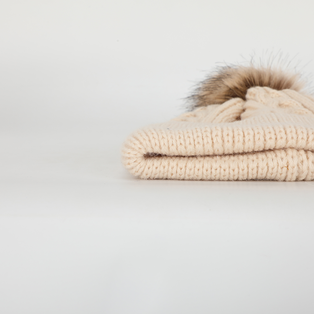 Winter Knit Beanie Hat with Faux Fur Pom and Cuffed Design