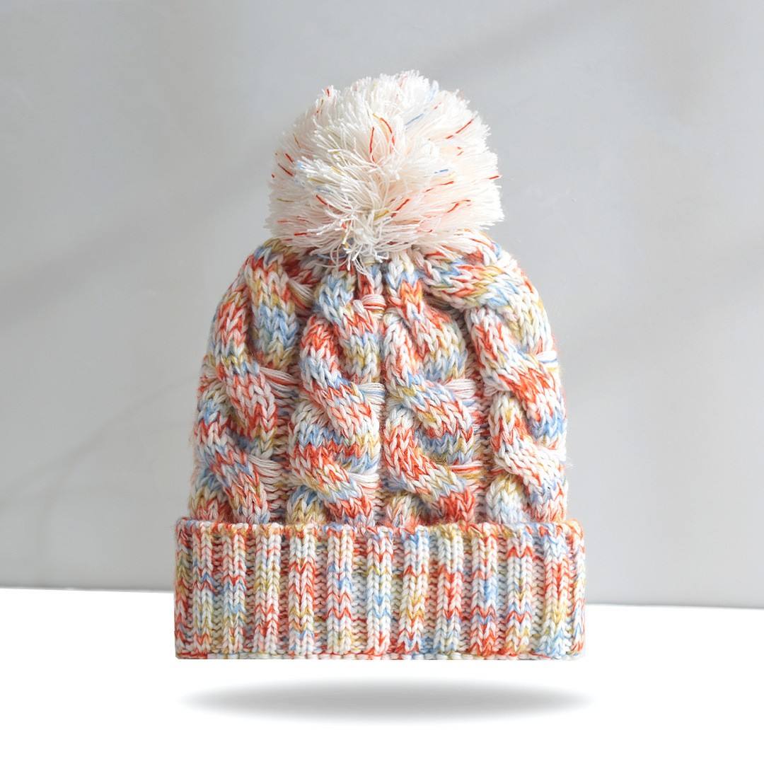 Multicolor Cable Knit Pom Pom Winter Beanie Hat