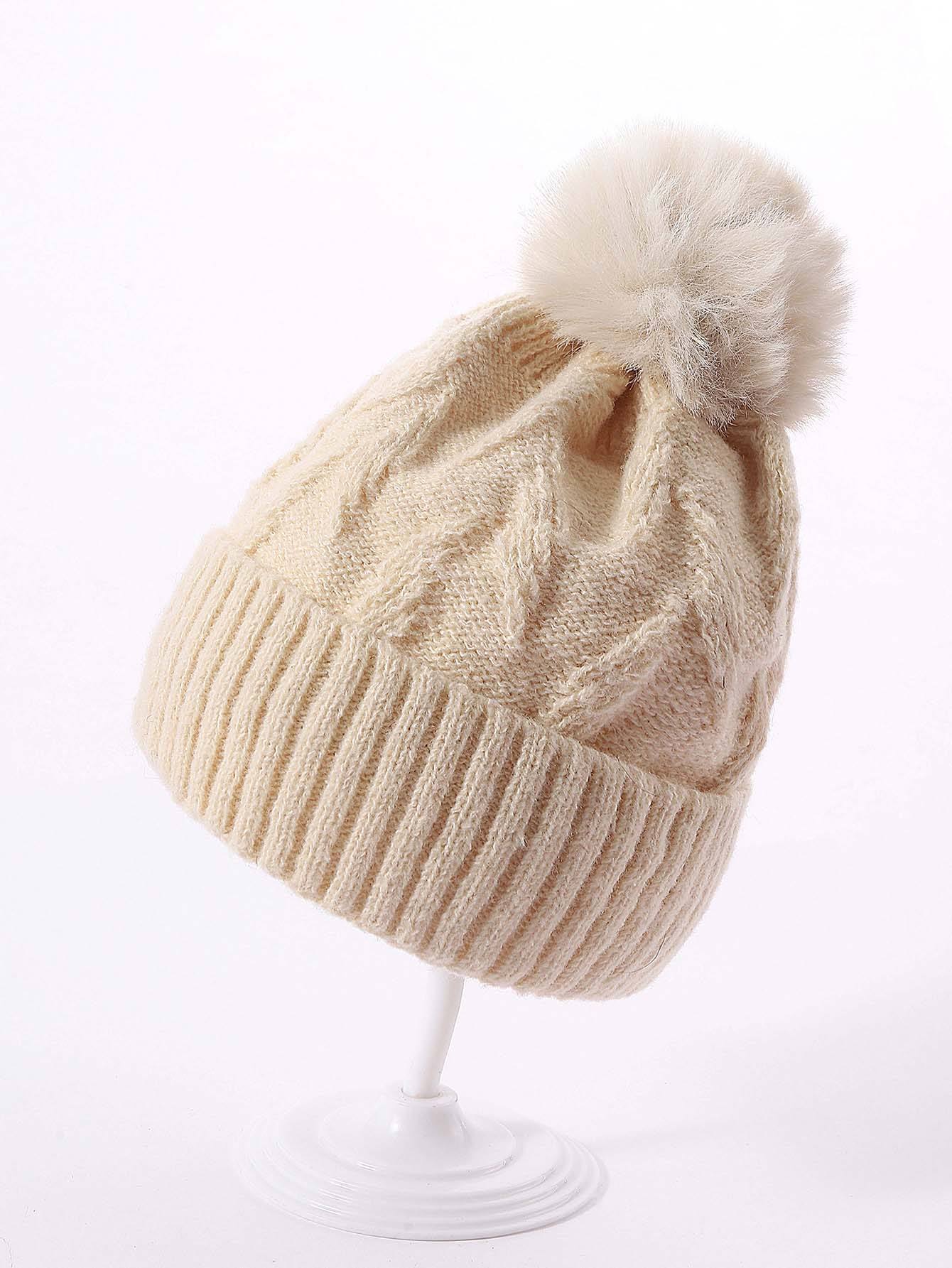 Women's Winter Cable Knit Beanie Hat with Ribbed Cuff and Fluffy Faux Fur Pom Pom