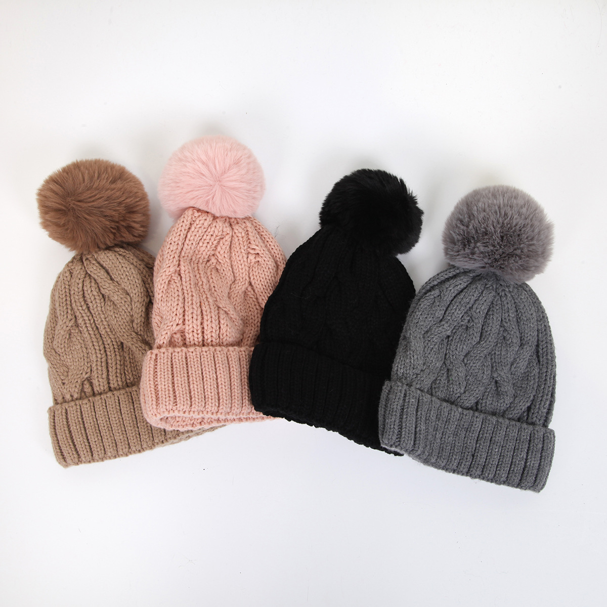Winter Warm Chunky Knit Beanie with Faux Fur Pom Pom