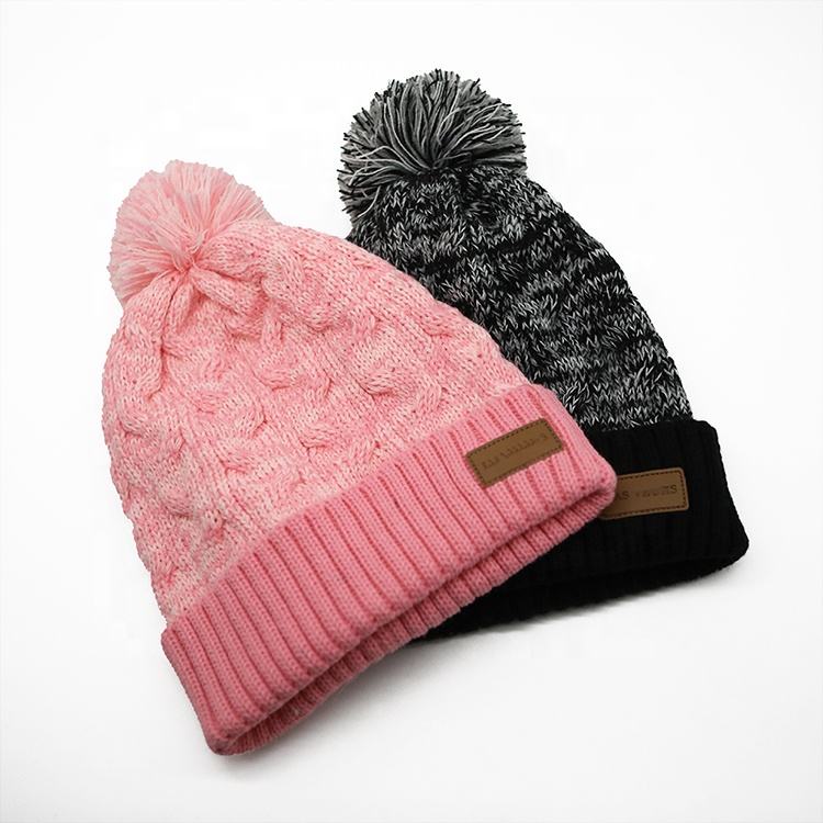 Winter Cable Knit Pom Pom Beanie Hat with Warm Cuffed Design