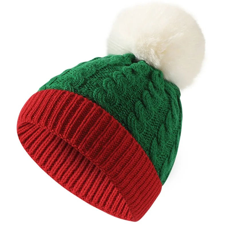 Christmas Color Block Knitted Pom Pom Beanie Hat