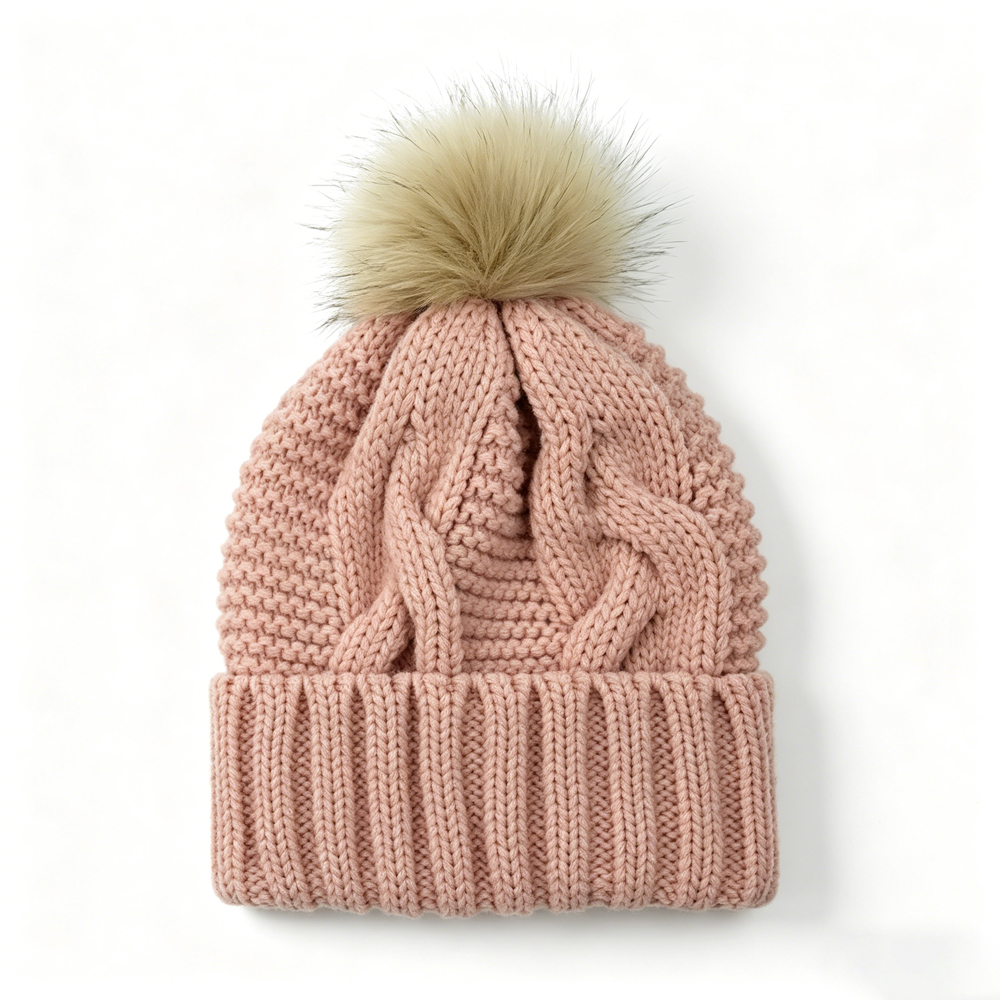 Pastel Cable Knit Cuffed Beanie Hat with Faux Fur Pom Pom