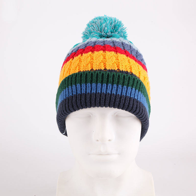Multicolor Cable Knit Cuffed Pom Pom Beanie Hat