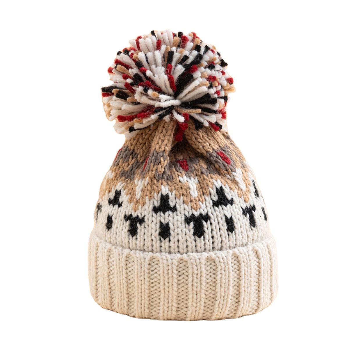 Multicolor Winter Knit Beanie Hat with Pom Pom and Nordic Pattern