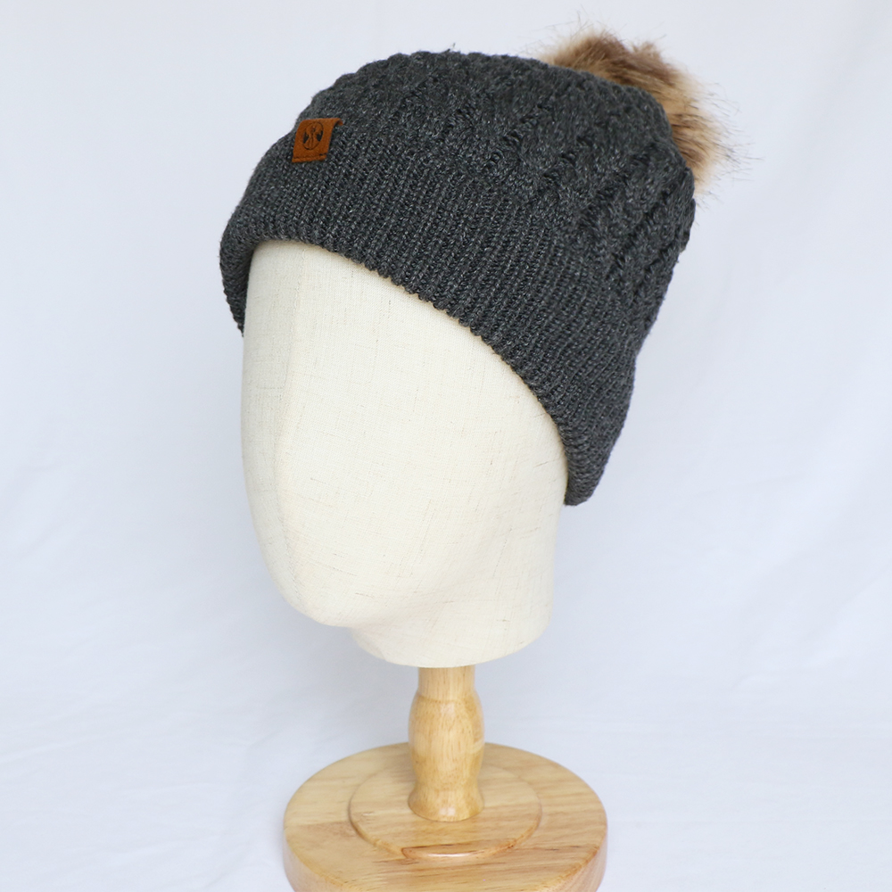 Charcoal Textured Knit Beanie with Fluffy Pom and Folded Brim
