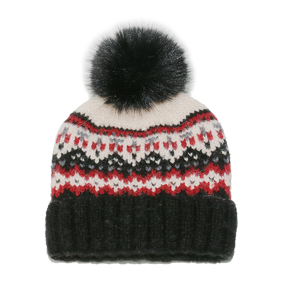 Nordic Fair Isle Winter Knit Beanie with Faux Fur Pom Pom