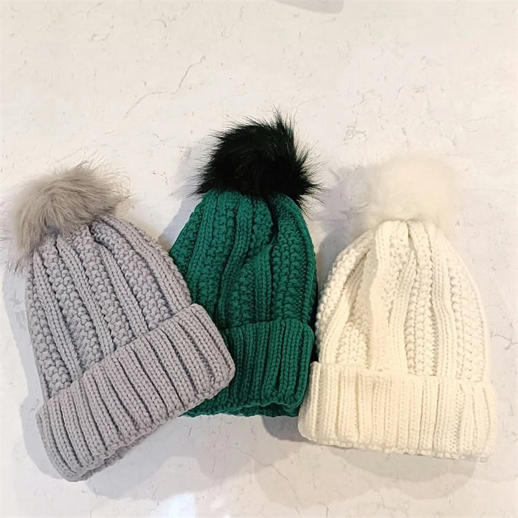 Winter Cable Knit Cuffed Beanie with Faux Fur Pom Pom and Embroidered Ski Club Snowflake Logo – Unisex Warm Ribbed Hat