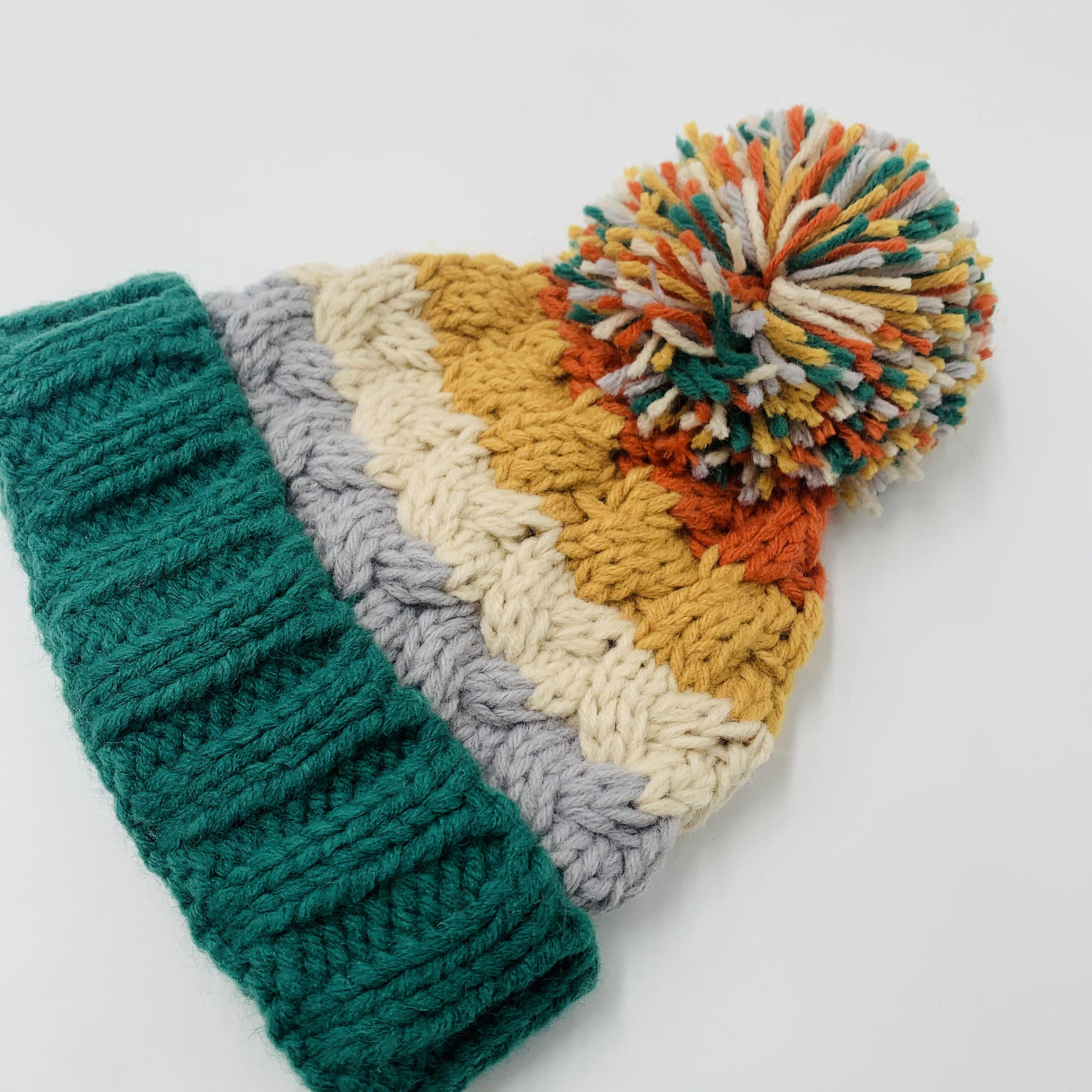 Multicolor Cable Knit Pom Pom Winter Beanie Hat