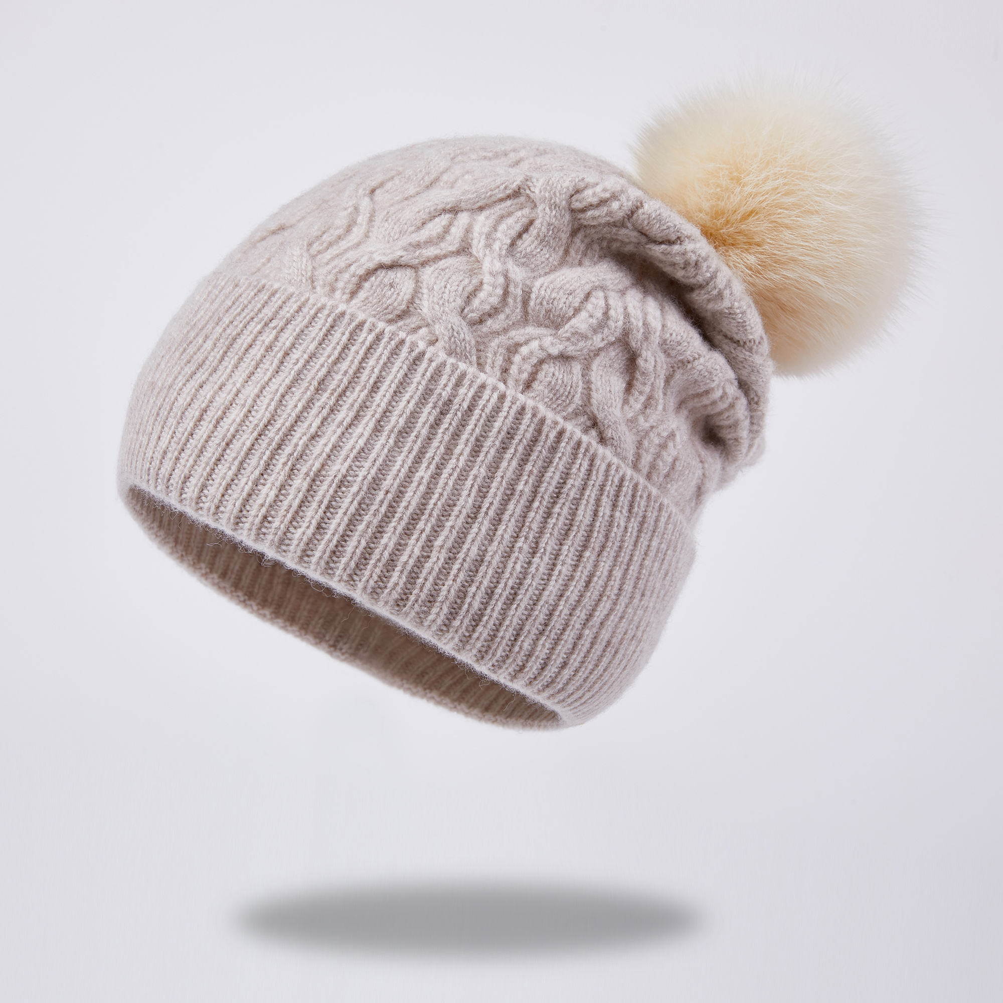Cable Knit Cuffed Beanie Hat with Faux Fur Pom Pom