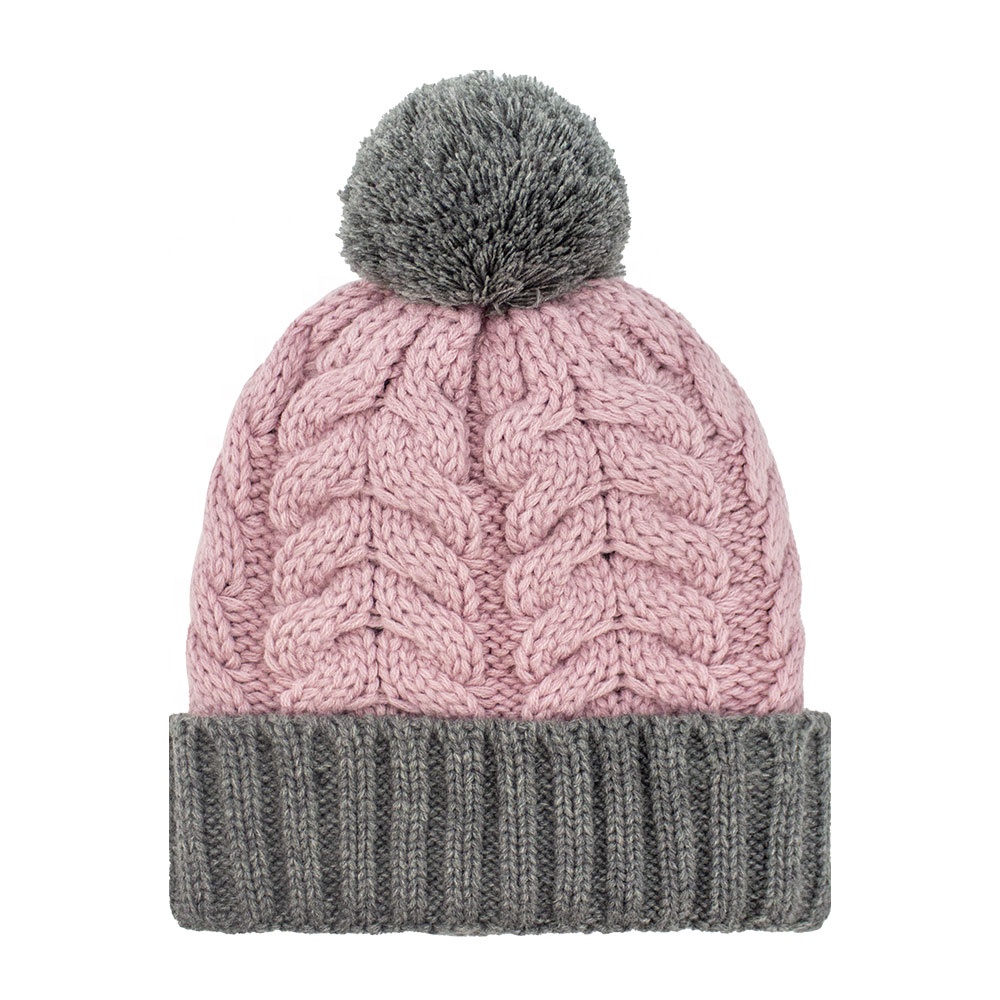 Pink and Gray Cable Knit Cuffed Pom Pom Winter Beanie