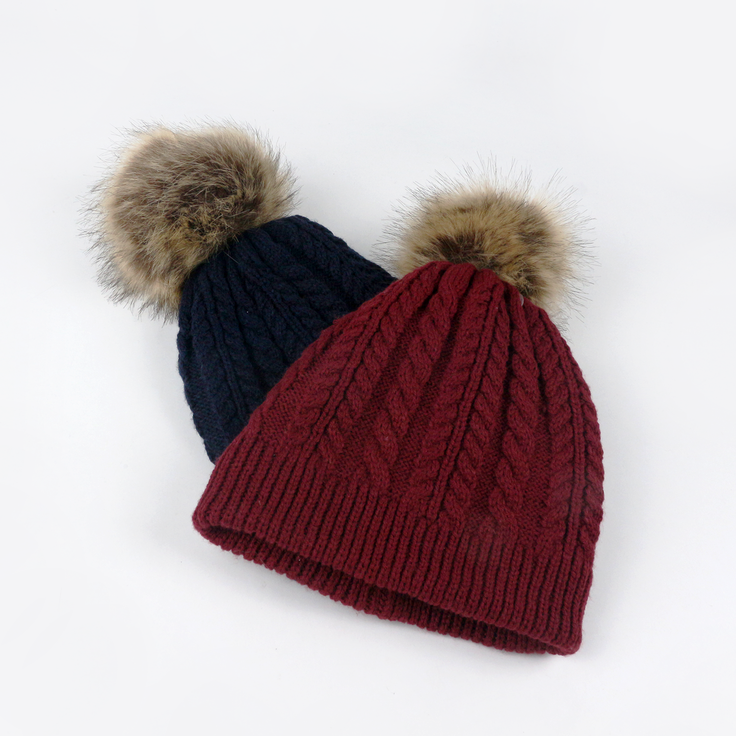 Winter Cable Knit Cuffed Beanie Hat with Faux Fur Pom Pom – Warm Ribbed Knit Cap in Navy, Ivory & Burgundy