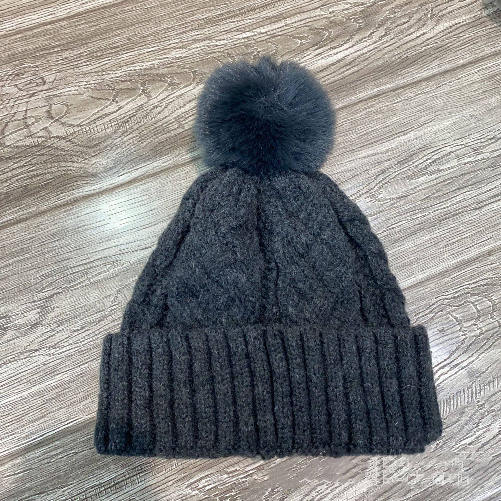 Cable Knit Pom Pom Beanie with Ribbed Fold Cuff – Winter Warm Hat