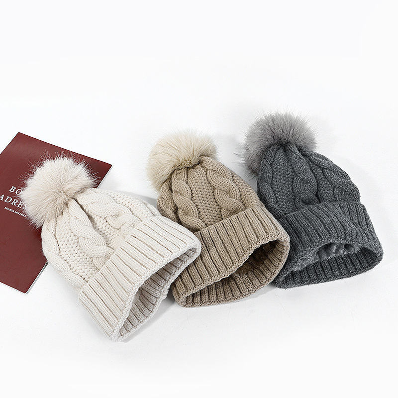 Cable Knit Faux Fur Pom Pom Cuffed Winter Beanie Hat – Multi-Color
