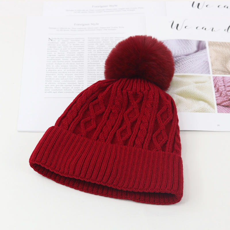 Winter Warm Cable Knit Beanie with Faux Fur Pom Pom