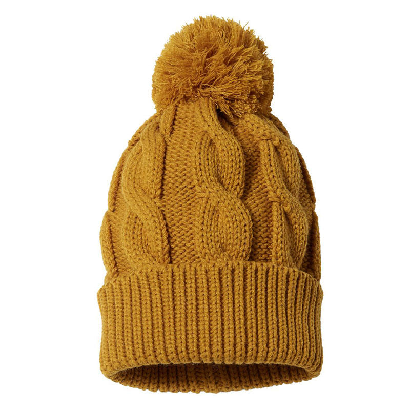 Chunky Cable Knit Cuffed Pom Pom Winter Beanie Hat
